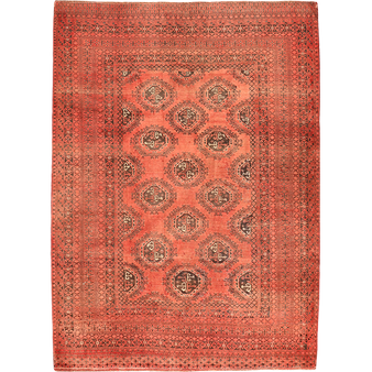 Afghan Persian Rug 9x6 ft - Semi Antique Geometric, Turkmen Gul Madder Red, Rust Red, Dark Red Hand Knotted | front view | SKU 111001