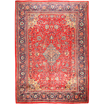 Arak Persian Rug 12'10" x 8'8" - Semi Antique Medallion Crimson, Red Hand Knotted | front view | SKU 111003