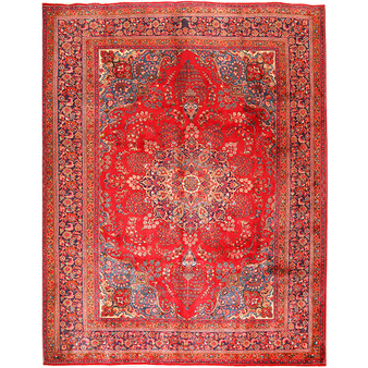 Sabzevar Persian Rug 12x9 ft - Semi Antique Medallion Toranj, Shah Abbasi Crimson, Navy Blue, Persian Blue Hand Knotted | front view | SKU 111006