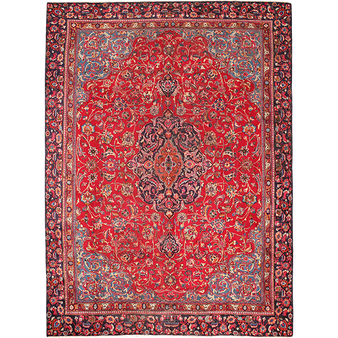 Sabzevar Persian Rug 11x8 ft - Semi Antique Medallion Crimson, Beige Hand Knotted | front view | SKU 111008