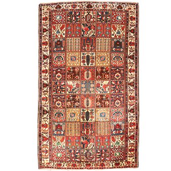 Bakhtiari Persian Rug 9x5 ft - Semi Antique Medallion Blue, Crimson Hand Knotted | front view | SKU 111009