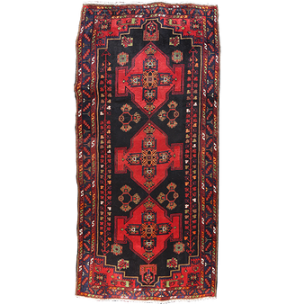 Saveh Persian Rug 9x4 ft - Semi Antique Medallion (Toranj), Geometric Red, Navy Blue, Crimson Hand Knotted | front view | SKU 111012