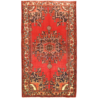 Tafresh Persian Rug 9'10" x 5'4" - Semi Antique Medallion Crimson, Beige Hand Knotted | front view | SKU 111014