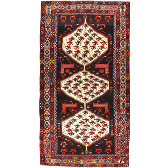 Shahsavan Persian Rug 9x5 ft - Semi Antique Geometric, Medallion (Toranj) Dark Red, Ivory, Crimson Hand Knotted | front view | SKU 111015