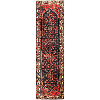 Hamadan Persian Rug 12x3 ft - Semi Antique Afshan Red, Blue Hand Knotted | front view | SKU 111018
