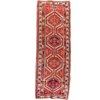 Ardabil Persian Rug 10'10" x 3'3" - Semi Antique Medallion Turquoise, White Hand Knotted | front view | SKU 111020