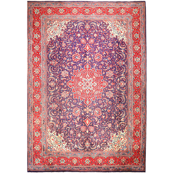 Arak Persian Rug 12x8 ft - Semi Antique Eslimi (Arabesque), Medallion (Toranj) Crimson, Navy Blue, Cream Hand Knotted | front view | SKU 111022