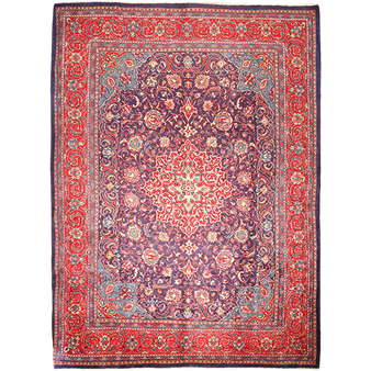 Arak Persian Rug 12x9 ft - Semi Antique Medallion (Toranj), Herati (Mahi) Crimson, Navy Blue, Cream Hand Knotted | front view | SKU 111023