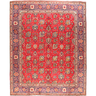 Tabriz Persian Rug 9x7 ft - Semi Antique Afshan All-Over Shah Abbasi Red Navy Blue Cream Hand Knotted | front view | SKU 111027