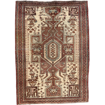 Saveh Persian Rug 5x3 ft - Semi Antique Medallion Red, Brown Hand Knotted | front view | SKU 111032