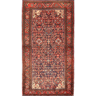 Hamadan Persian Rug 7x3 ft - Semi Antique Herati Mahi, Afshan All-Over Madder Red, Dark Red, Cream Hand Knotted | front view | SKU 111033