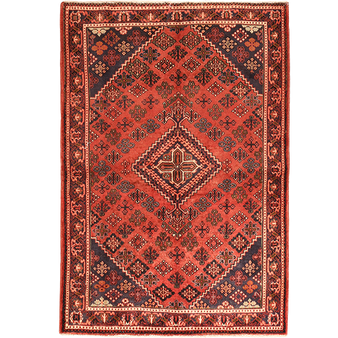 Joshaqan Persian Rug 6x4 ft - Semi Antique Medallion (Toranj), Geometric Madder Red, Dark Red, Navy Blue Hand Knotted | front view | SKU 111035