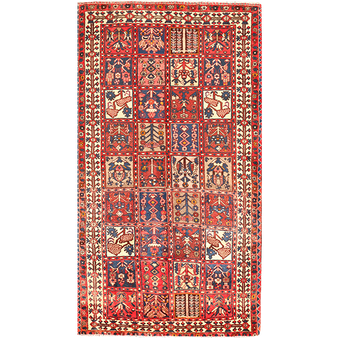 Bakhtiari Persian Rug 9'10" x 5'4" - Semi Antique Medallion Blue, Crimson Hand Knotted | front view | SKU 111038