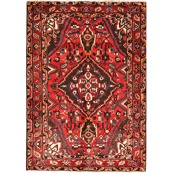 Bakhtiari Persian Rug 8'2" x 5'5" - Semi Antique Medallion Blue, Crimson Hand Knotted | front view | SKU 111039