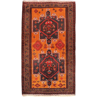 Baluch Persian Rug 7'7" x 4'3" - Semi Antique Mihrab Red, Blue Hand Knotted | front view | SKU 111040