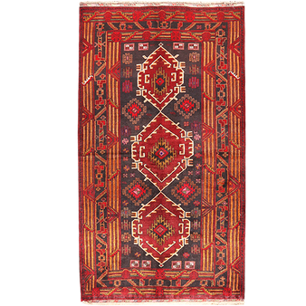 Baluch Persian Rug 7x3 ft - Semi Antique Medallion Geometric Madder Red, Brick Red, Dark Red Hand Knotted | front view | SKU 111041