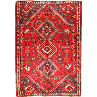 Shiraz Persian Rug 8x5 ft - Semi Antique Diamond Lattice, Geometric Madder Red, Crimson, Ivory Hand Knotted | front view | SKU 111045