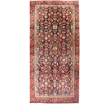Hamadan Persian Rug 9x4 ft - Semi Antique Afshan Red, Blue Hand Knotted | front view | SKU 111048