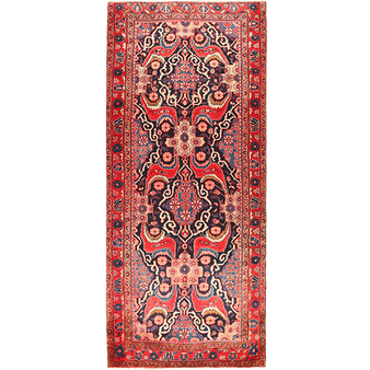 Hamadan Persian Rug 10'7" x 4'4" - Semi Antique Afshan Red, Blue Hand Knotted | front view | SKU 111049