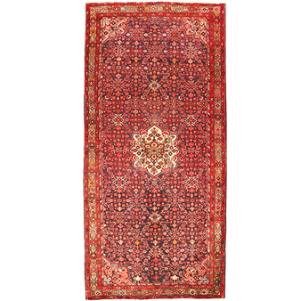 Hamadan Persian Rug 10x4 ft - Semi Antique Herati (Mahi), Medallion (Toranj) Madder Red, Navy Blue, Cream Hand Knotted | front view | SKU 111053