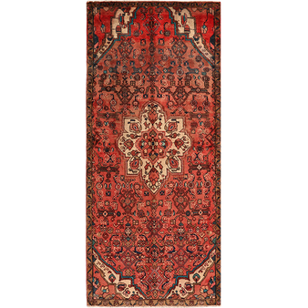 Hamadan Persian Rug 9x4 ft - Semi Antique Medallion (Toranj), Herati (Mahi) Madder Red, Rust Red, Cream Hand Knotted | front view | SKU 111054