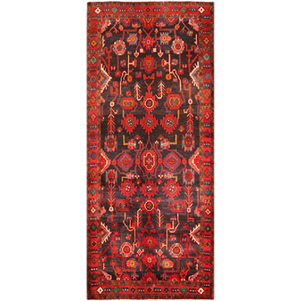 Nahavand Persian Rug 11'1" x 4'4" - Semi Antique Medallion Navy Blue, Red Hand Knotted | front view | SKU 111055