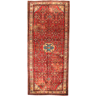 Hamadan Persian Rug 12'12" x 5'4" - Semi Antique Afshan Red, Blue Hand Knotted | front view | SKU 111058