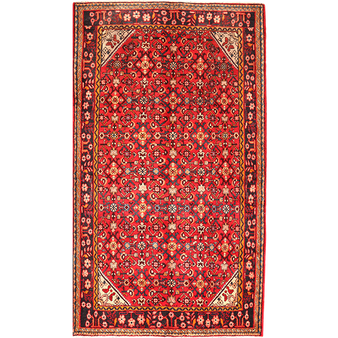 Hamadan Persian Rug 9x5 ft - Semi Antique Afshan Red, Blue Hand Knotted | front view | SKU 111059