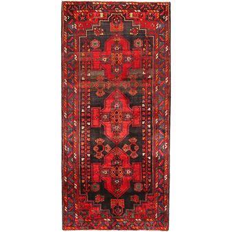 Saveh Persian Rug 9x4 ft - Semi Antique Medallion (Toranj), Geometric Madder Red, Dark Red, Navy Blue Hand Knotted | front view | SKU 111061