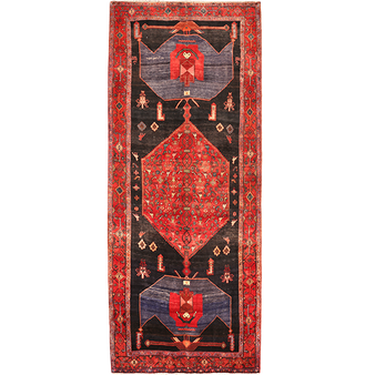Kolyai Persian Rug 12x5 ft - Semi Antique Medallion (Toranj), Geometric Red, Black, Navy Blue Hand Knotted | front view | SKU 111062