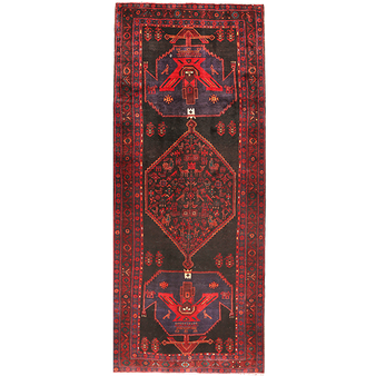 Bijar Persian Rug 10x4 ft - Semi Antique Medallion Crimson, Navy Blue Hand Knotted | front view | SKU 111063