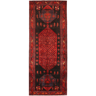 Bijar Persian Rug 11'7" x 4'5" - Semi Antique Medallion Crimson, Navy Blue Hand Knotted | front view | SKU 111064