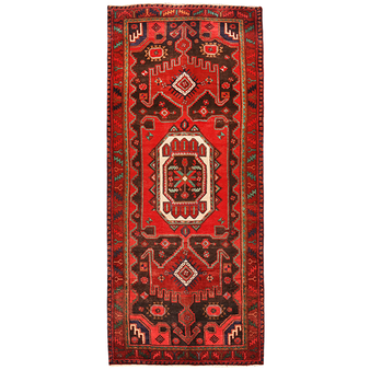 Bijar Persian Rug 10x3 ft - Semi Antique Medallion Crimson, Navy Blue Hand Knotted | front view | SKU 111065