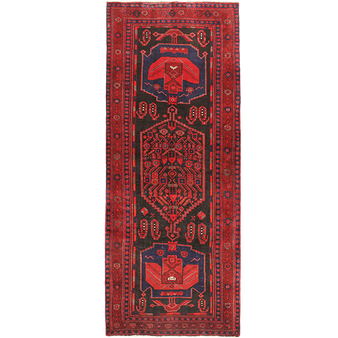 Bijar Persian Rug 11'8" x 4'2" - Semi Antique Medallion Crimson, Navy Blue Hand Knotted | front view | SKU 111068