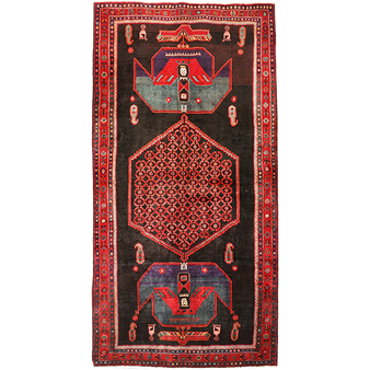 Bijar Persian Rug 10x5 ft - Semi Antique Medallion (Toranj), Geometric Madder Red, Black, Navy Blue Hand Knotted | front view | SKU 111070