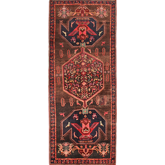 Bijar Persian Rug 9x3 ft - Semi Antique Medallion Crimson, Navy Blue Hand Knotted | front view | SKU 111074