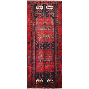 Bijar Persian Rug 12x4 ft - Semi Antique Mihrab (Prayer), Geometric Madder Red, Navy Blue, Crimson Hand Knotted | front view | SKU 111075