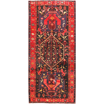 Kurdish Persian Rug 11'10" x 4'12" - Semi Antique Medallion Red, Blue Hand Knotted | front view | SKU 111076