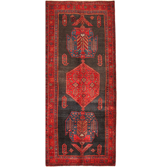 Kurdish Persian Rug 10'0" x 4'3" - Semi Antique Medallion Red, Blue Hand Knotted | front view | SKU 111077