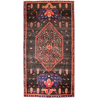 Bijar Persian Rug 8'4" x 4'3" - Semi Antique Medallion Crimson, Navy Blue Hand Knotted | front view | SKU 111078