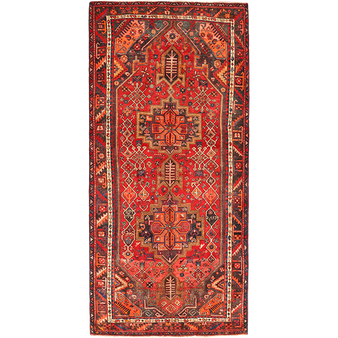 Bijar Persian Rug 8x3 ft - Semi Antique Medallion Toranj, Geometric Madder Red, Crimson, Dark Red Hand Knotted | front view | SKU 111079