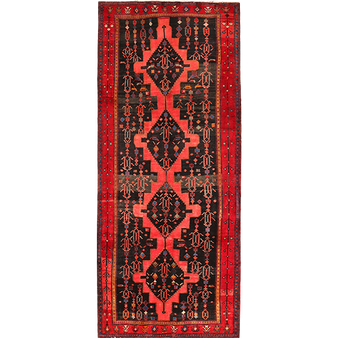 Bijar Persian Rug 12x5 ft - Semi Antique Medallion Crimson, Dark Red, Navy Blue Hand Knotted | front view | SKU 111080
