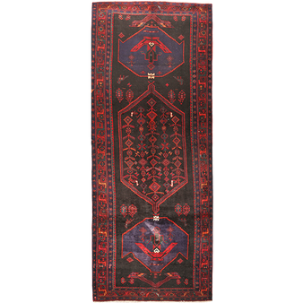 Bijar Persian Rug 13'7" x 4'11" - Semi Antique Medallion Crimson, Navy Blue Hand Knotted | front view | SKU 111082