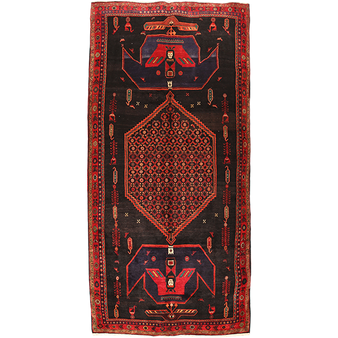 Bijar Persian Rug 11'4" x 5'5" - Semi Antique Medallion Crimson, Navy Blue Hand Knotted | front view | SKU 111083