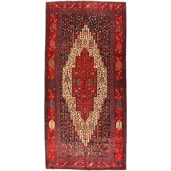 Senneh Persian Rug 9'11" x 4'4" - Semi Antique Medallion Crimson, Navy Blue Hand Knotted | front view | SKU 111084