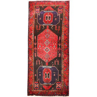 Bijar Persian Rug 10x4 ft - Semi Antique Medallion Toranj, Geometric Crimson, Dark Red, Navy Blue Hand Knotted | front view | SKU 111085