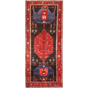Bijar Persian Rug 11'10" x 4'11" - Semi Antique Medallion Crimson, Navy Blue Hand Knotted | front view | SKU 111086