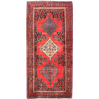 Senneh Persian Rug 8x3 ft - Semi Antique Medallion (Toranj), Herati (Mahi) Crimson, Navy Blue, Cream Hand Knotted | front view | SKU 111087