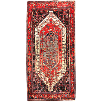 Senneh Persian Rug 9'2" x 4'3" - Semi Antique Medallion Crimson, Navy Blue Hand Knotted | front view | SKU 111088
