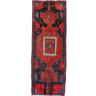 Bijar Persian Rug 10'0" x 3'5" - Semi Antique Medallion Crimson, Navy Blue Hand Knotted | front view | SKU 111089